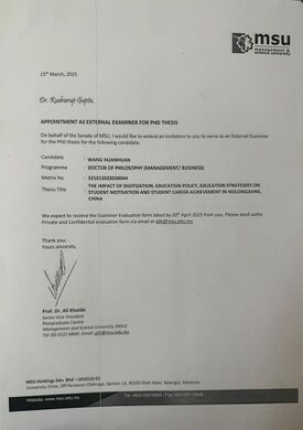 Appointment as External Examiner for PhD Thesis at Management and Science University, Malaysia – Wang Huanhuan