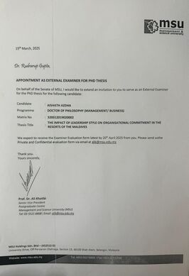 Appointment as External Examiner for PhD Thesis at Management and Science University, Malaysia – Aishath Azdha