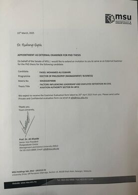 Appointment as External Examiner for PhD Thesis at Management and Science University, Malaysia – Faisel Mohamed Ali Elbahri